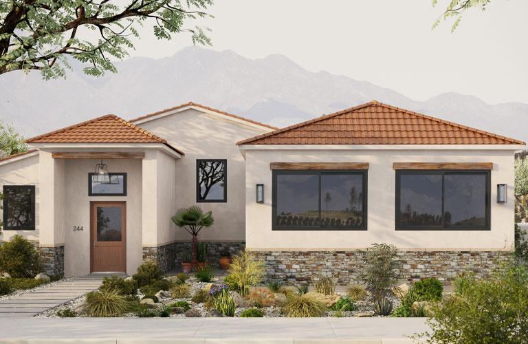 southwest home with stucco and black framed windows