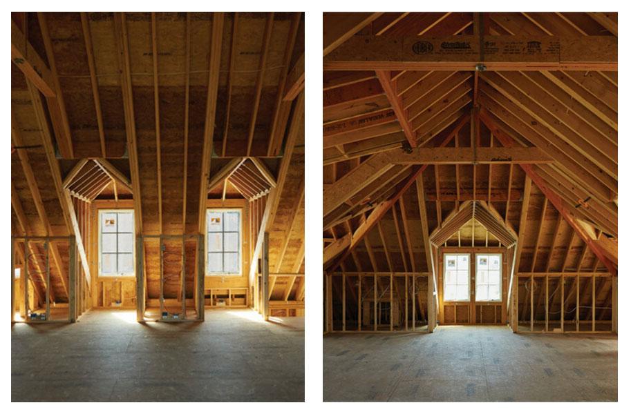 Gabled dormer Andersen windows are being built into the upper level of a new construction home 