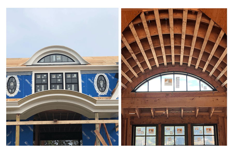 The exterior and interior view of a new construction home featuring an eyebrow dormer Andersen window