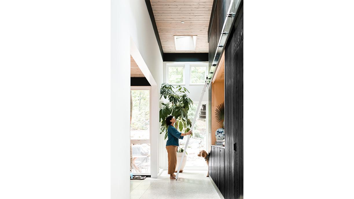 A women stands at the bottom of a ladder in a hallway lined with black wood paneling while light shines through windows at the end of the hall and a dog peeks around the corner.