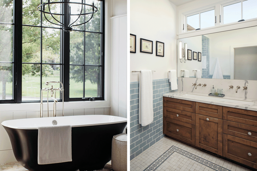 A bathroom with white shiplap walls, black tub, and black casement windows on the right, and a white bathroom with blue tile, alderwood cabinetry, and clerestory windows above the vanity on the right.