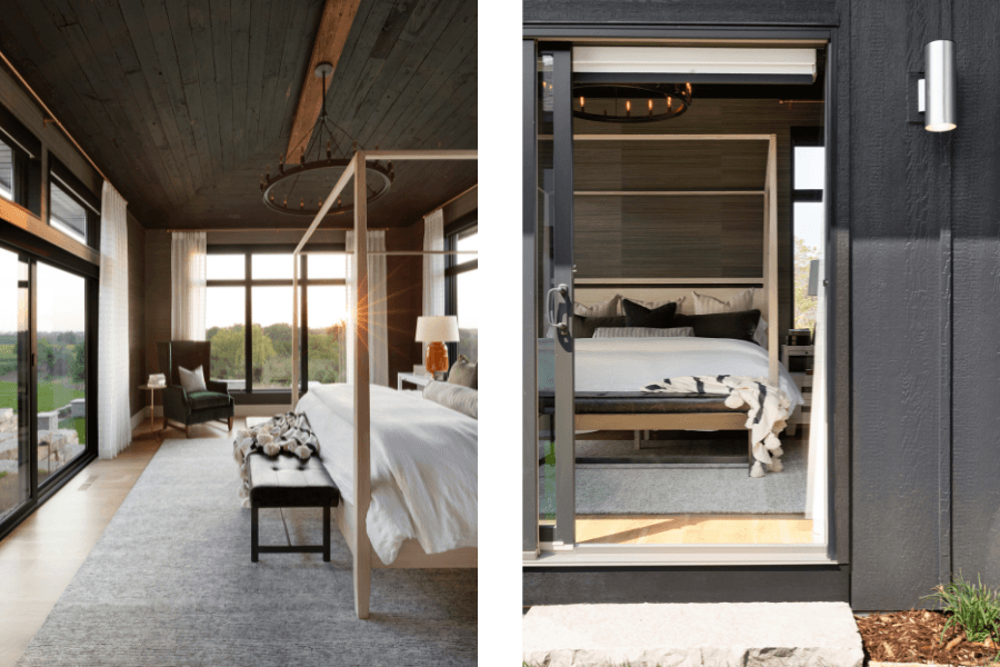 Left: a bedroom is connected to the patio and rolling landscape outside via a sliding door; Right: an open sliding door lets light and fresh air into this bedroom