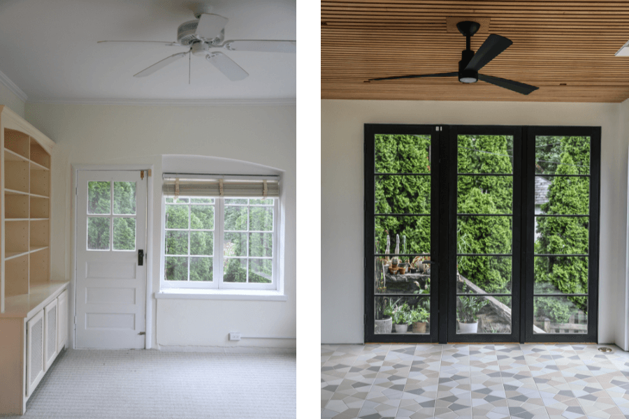 Left: Hilton Carter’s sunroom featured two windows and a door pre renovation   Right: Hilton Carter’s sunroom post renovation features two floor-to-ceiling windows and a full glass door to match 