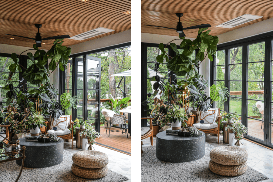 Left: The open Folding Outswing doors in Hilton Carter’s sunroom make for easy access to the deck outside.  Right: Even when closed, the Folding Outswing doors in Hilton Carter’s sunroom still let in lots of light 