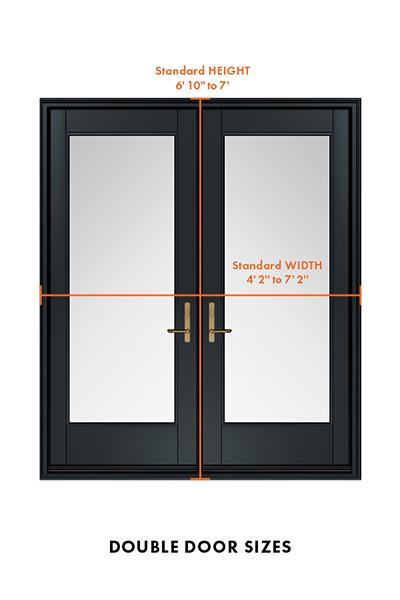 A diagram showing a double front door with two full glass panels, black frames, and brass hardware. Overlaid on the image are the size ranges for double front doors: width from 4’ 2” to 7’ 2” and height from 6’ 10” to 7’.