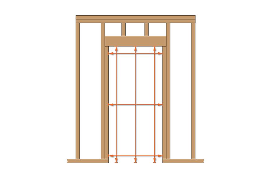 An illustration showing a framed-out wall with rough opening for door and lines indicating where to measure the rough opening for height and width when trying to determine the correct door size.