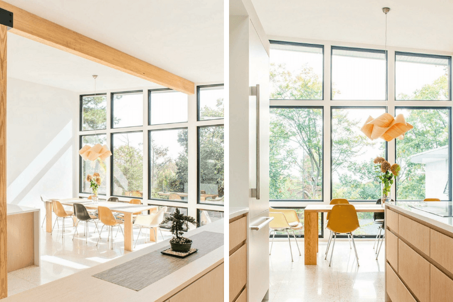 Side by side images of floor to ceiling black windows