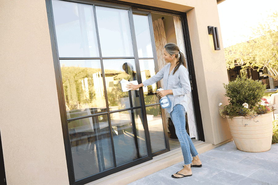 A woman cleans her sliding patio doors.