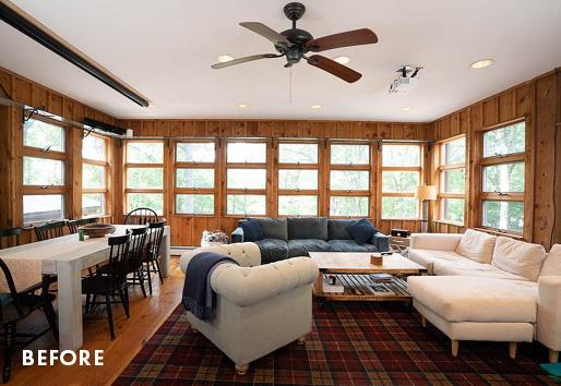 living room with three walls of windows