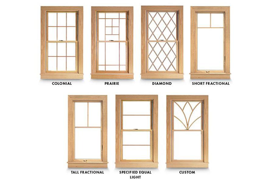 An illustration showing a few of our most popular grille patterns, including colonial, prairie, diamond, short fractional, tall fractional, specified equal light, and custom grille patterns. 