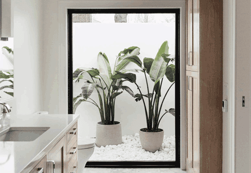 large outdoor view window framed in black