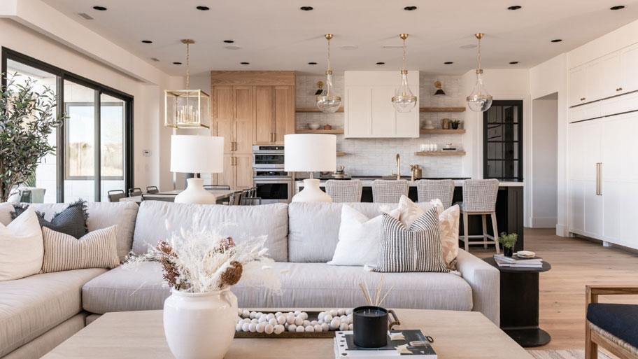 interior of greatroom and kitchen open floor plan showing boho design