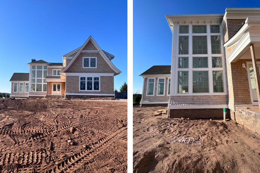 A stair tower is a distinguishing feature on this Hamptons-inspired house with cedar shake siding